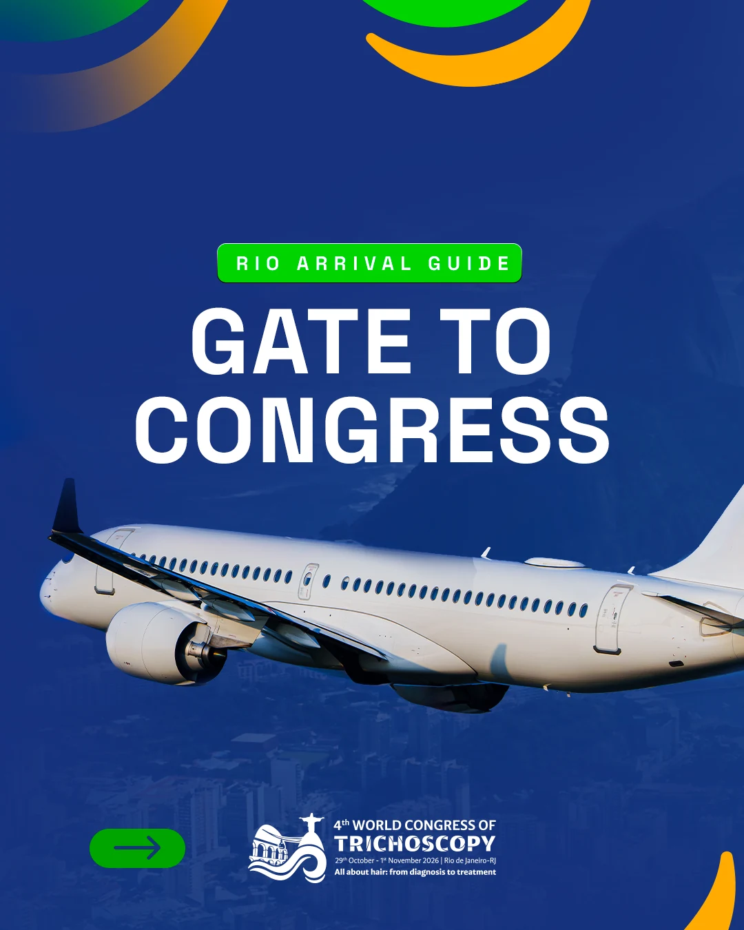 Gate to Congress: avião sobre fundo azul e formas verdes, comunicação para viagens a eventos