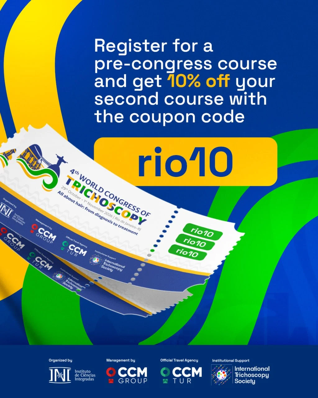 Trichoscopy: peça promocional com ticket branco sobre fundo azul, verde e amarelo